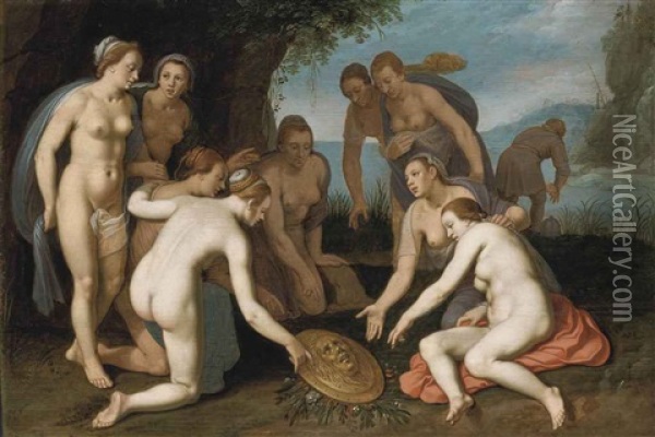 Perseus Washing His Hands After Liberating Andromeda And Placing The Head Of Medusa On A Bed Of Leaves Oil Painting - Cornelis Cornelisz Van Haarlem