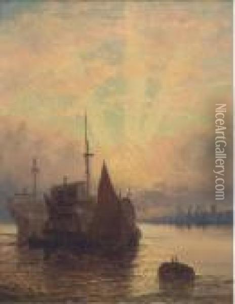 Old Hulks On The Medway At Dusk Oil Painting - William A. Thornley Or Thornber