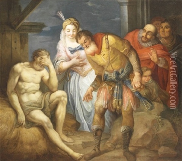 Mytologisk Sceneri Med Fornem Kvinde Og Fem Maend I Landskab Oil Painting - Andrea Celesti