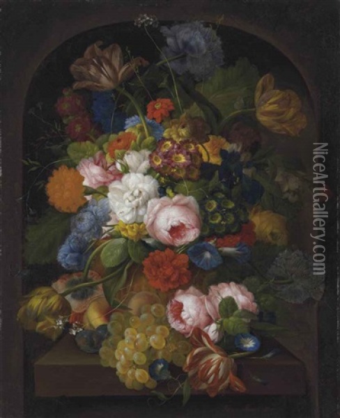 A Still-life Of Flowers With Grapes, Peaches And Plums On A Stone Ledge In A Niche Oil Painting - Franz Xaver Petter