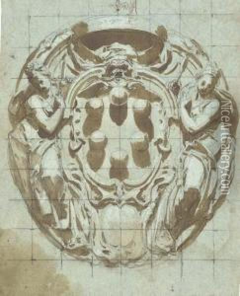 An Elaborate Cartouche With The Medici Arms Flanked By Figures Ofjustice And Wisdom Oil Painting - Bernardino Barbatelli Poccetti
