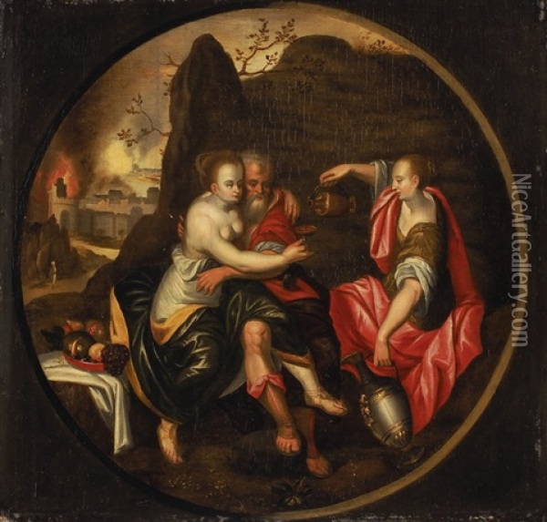 Lot Und Seine Tochter, Im Hintergrund Die Zerstorung Von Sodom Und Gomorrah Oil Painting - Pieter Jansz Pourbus