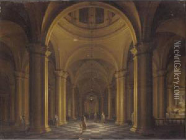 Elegant Figures In A Nocturnal Church Interior Oil Painting - Anthonie De Lorme