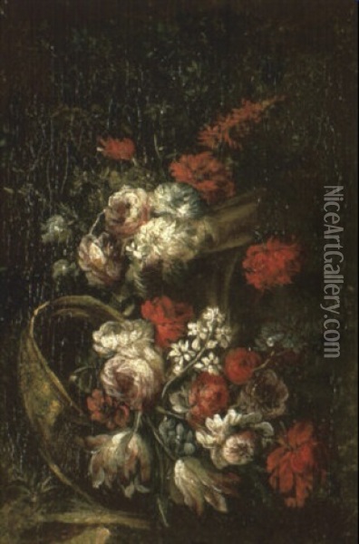 Flowers In Urn And Upturned Bowl Oil Painting - Gasparo Lopez