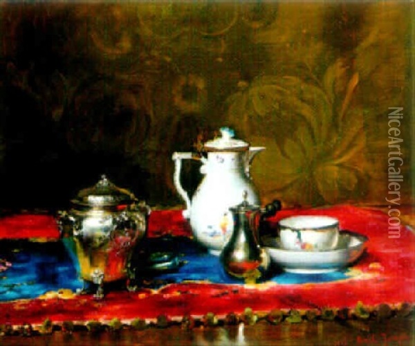 Tea Pot, Glass And Flowers Oil Painting - Joseph Bail