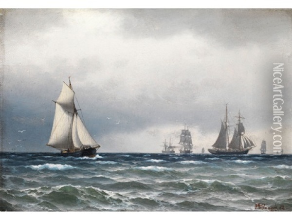 Marinestuck Mit Segelschiffen Auf Hoher See Vor Grauem Himmel Oil Painting - Carl Emil Baagoe