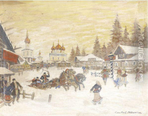 Russian Village In Winter Oil Painting - Konstantin Alexeievitch Korovin