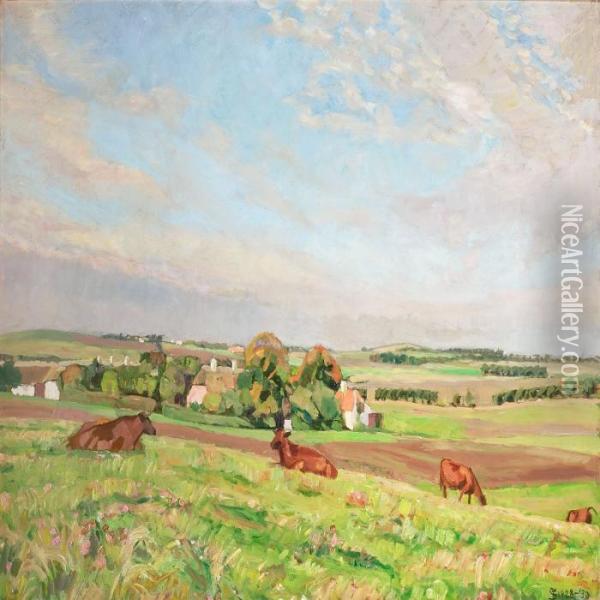 Grazing Cows In The Flowering Field Oil Painting - Fritz Syberg