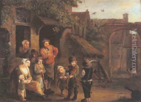 Le Concert De Violon D'un Jeune Cosaque Dans La Cour D'une Ferme Oil Painting - Petrus Johann Van Regemorter