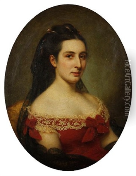 Portrait Of A Lady In A Red Dress With Lace Trim Oil Painting - Phillipe Felix Dupuis
