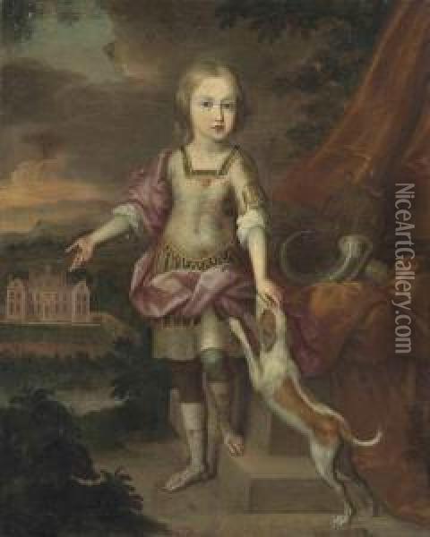 Portrait Of A Boy, Full-length, In Roman Attire, With A Dog, In Thegrounds Of An Estate Oil Painting - James Parmentier