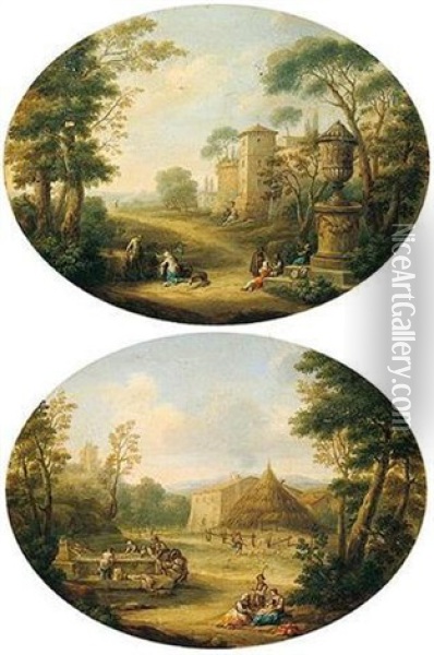 Southern Landscape With Figures At A Fountain Near A Farm Oil Painting - Hendrick Frans van Lint
