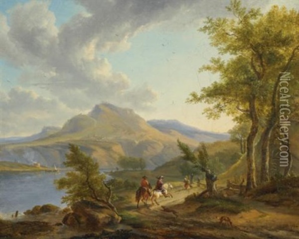 Riders In A Mountainous Landscape Passing A Lake, Said To Be A View Of Lake Albano Oil Painting - Simon-Joseph-Alexandre Clement Denis