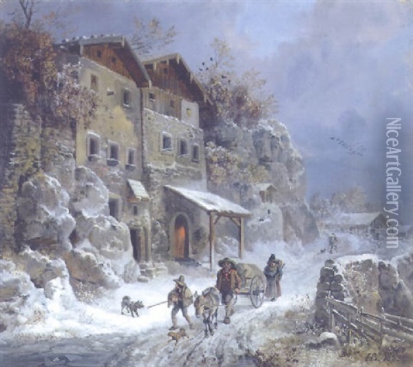 Wanderer Mit Eselskarren In Winterlandschaft Oil Painting - Heinrich Buerkel