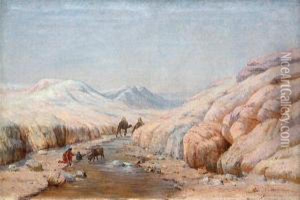 Cavaliers Franchissant Un Gue Parmi Desmines De Sel En Algerie Oil Painting - John-Lewis Shonborn