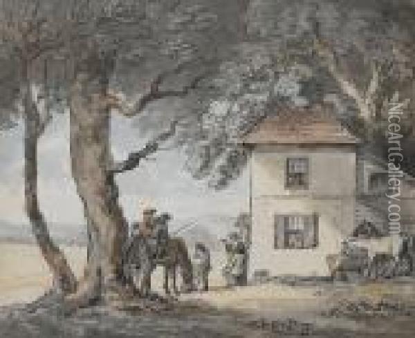 Horses And Cart Outside A Country Pub Oil Painting - Thomas Rowlandson