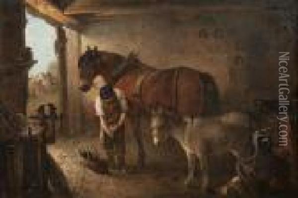 A Farrier Shoeing A Plough Horse, With A Donkey, In A Forge Interior Oil Painting - Edward Robert Smythe