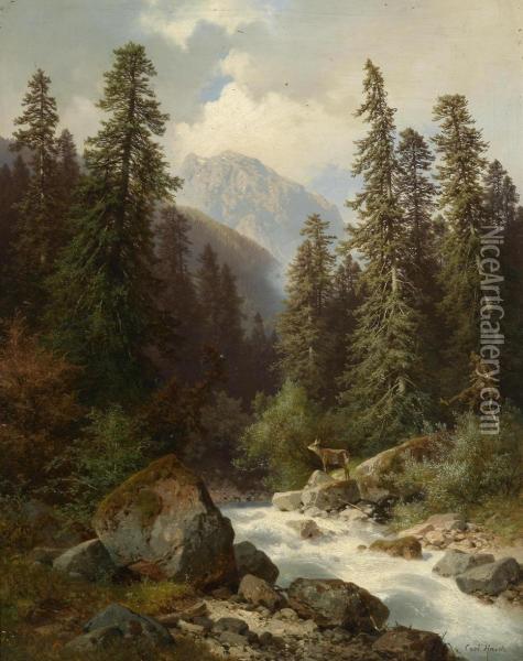 Deer Standing By A Mountainstream Oil Painting - Carl Hasch