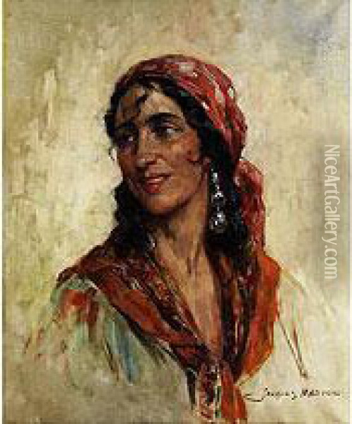 Portrait Eines Zigeunermadchens Mit Rotem Tuch Und Grossen Ohrringen Oil Painting - Jacques, Jakob Madiol
