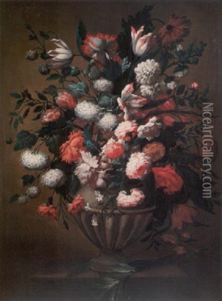A Still Life Of Roses, Peonies, Tulips, Carnations And Other Flowers In A Stone Vase On A Stone Ledge Oil Painting - Jean-Baptiste Belin de Fontenay the Elder