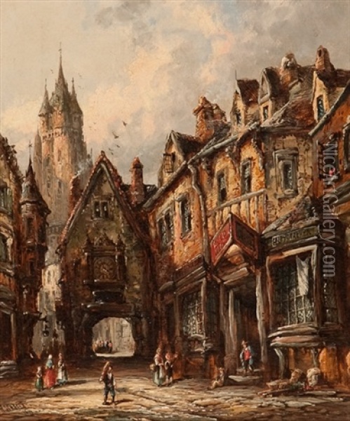 Frankfurt Street Scene And Frankfurt Cathedral (2 Works) Oil Painting - Henry Thomas Schafer