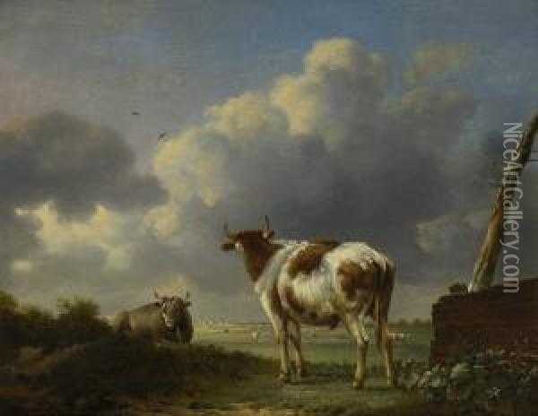 Zwei Rinder Beim Gatter Auf Der Weide Oil Painting - Paulus Potters