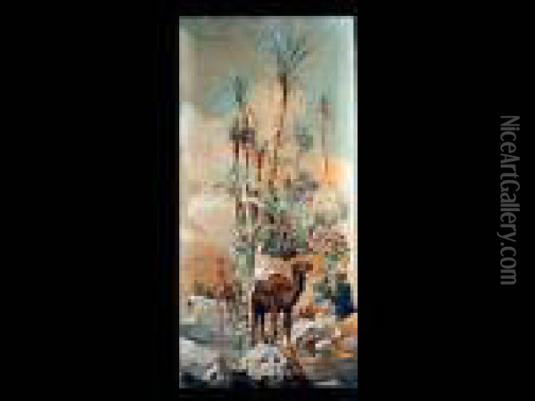Kamelreiter In Einer Oase Mit Dattelpalmen Oil Painting - Friedrich Perlberg