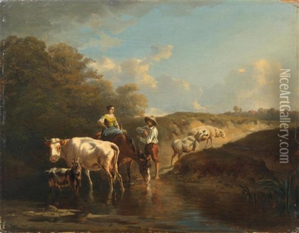 Pair Of Herders With Animals At The Waterside Oil Painting - Charles (Jean-Ch. Ferdinand) Humbert