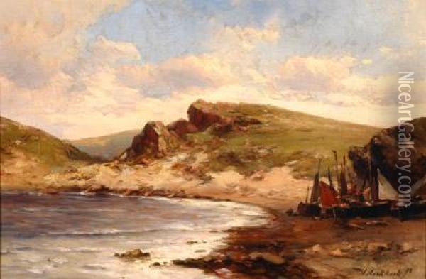Rocky Coastal Inlet With Beached Boats Oil Painting - Hermanus Koekkoek