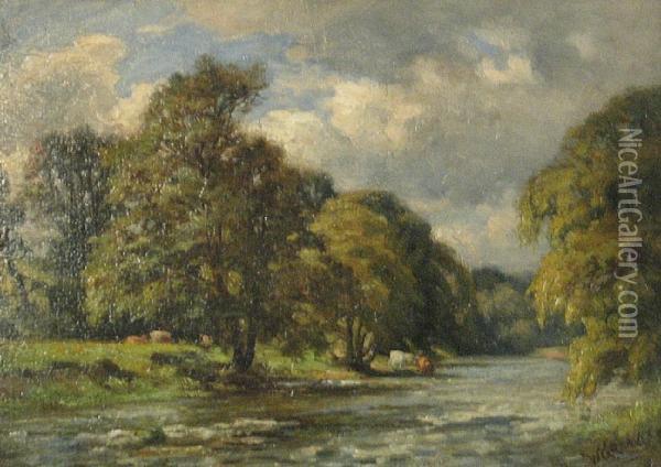 Cattle At The Riverbank Under A Stormysky Oil Painting - William Greaves