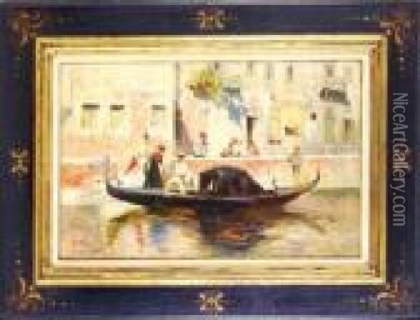 Canale Di Venezia Con Gondola E Figure. Oil Painting - Paolo Sala