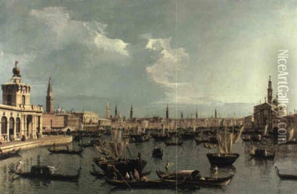 The Bacino Di San Marco, Venice With The Dogana And Numerous Boats Oil Painting - Bernardo Bellotto