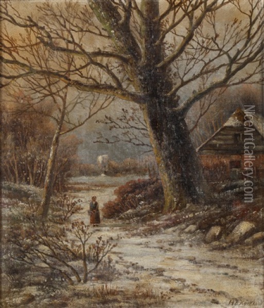 Winter Woodland Scene With Figure On Path Oil Painting - Hendrik Barend Koekkoek