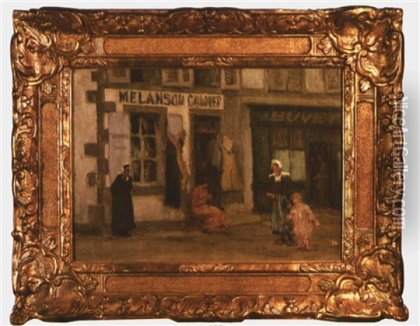 Scene De Rue A Concarneau Devant Le Magasin Melanson-cosquer Oil Painting - Joseph Milner Kite