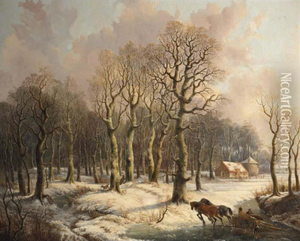 Wood Gatherers With A Horse Drawn Sleigh And A Hunter In A Wintry Forest Oil Painting - Gerrit Hendrik Gbell