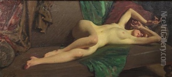 Sleeping Beauty - Nude Reclining Upon A Settee Oil Painting - Lindsay Bernard Hall