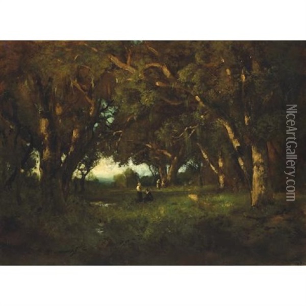 Figures In A Forest Clearing At Dusk Oil Painting - William Keith