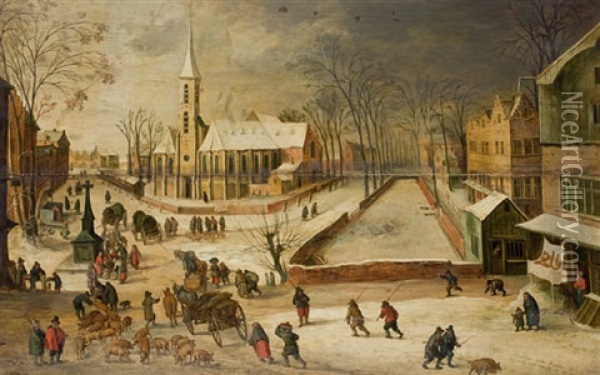 Winterliche Marktszene In Einem Hollandischen Dorf, Im Hintegrund Eine Kirche Oil Painting - Joos de Momper the Younger