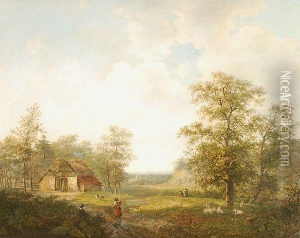 Figures Approaching A Farm Building In Awooded Landscape Oil Painting - Marianus Adrianus Koekkoek