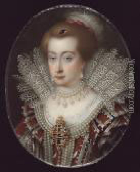 Anne Of Denmark (1574-1619), 
Queen Consort, Wearing Red-brown Dress Trimmed With White Silk And 
Pearls, Large Jewelled Brooch At Her Corsage, Pearl Necklace, Pendant 
Pearl Earrings, Standing White Lace Collar, Jewel, Cerise Ribbon And 
White Plume  Oil Painting - Henry Pierce Bone