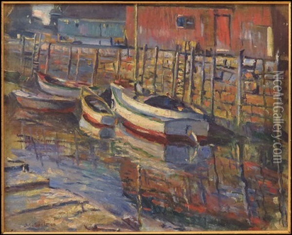 Docked Boats At Sunset Oil Painting - John Adams Spelman
