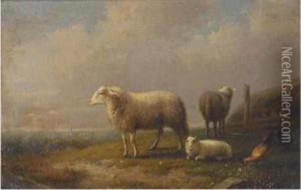 Sheep And Chickens In A Meadow, A Town Beyond Oil Painting - Francois Vandeverdonck