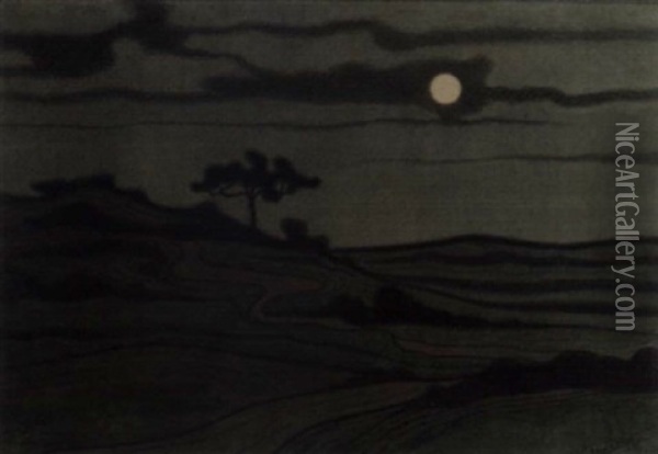 A Moonlit Dune Landscape Oil Painting - Willem Pothast