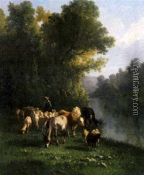 Nachmittagssonne Uber Einer Viehherde An Einer Tranke Oil Painting - Antonio Cortes Cordero
