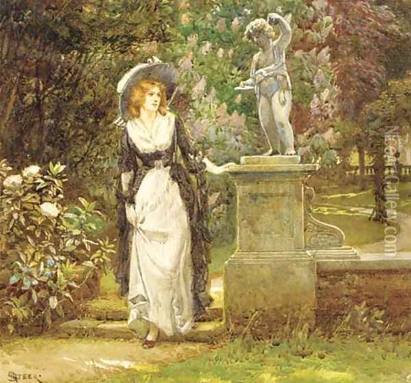 Girl in an ornamental garden Oil Painting - Henry Reynolds Steer