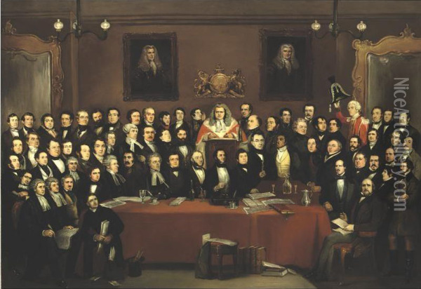 The Judge And Jury Society In The Cider Cellar Oil Painting - Archibald Samuel Henning