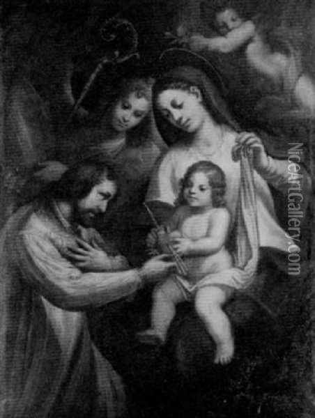 Madonna Mit Dem Jesuskind, Zwei Engel Und Links Vor Ein Bischof (der Heilige Augustinus?) Oil Painting - Johann Mathias Kager