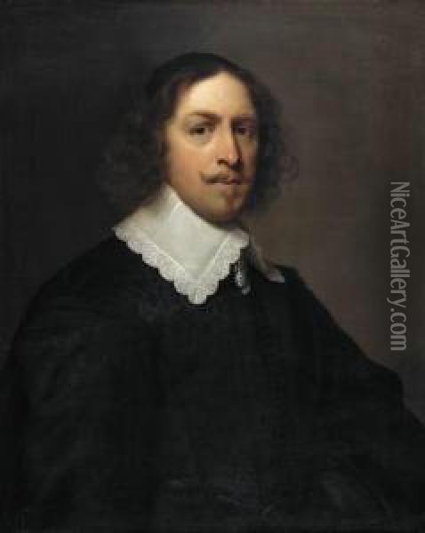 Portrait Of A Gentleman, Half-length, In An Embroidered Blackdoublet And Lace Collar Oil Painting - Cornelius Janssens Van Ceulen