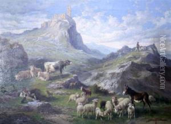 Cattle And Sheep In An Alpine Landscape Oil Painting - John, Giovanni Califano