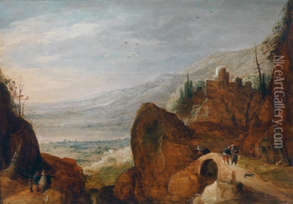 Felsenlandschaft Mit Reisenden Auf Einer Brucke Oil Painting - Joos de Momper the Younger